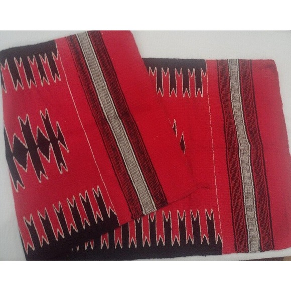 Vtg. textile wool woven tapestry rug; Mexican. Black red Gray And White Large